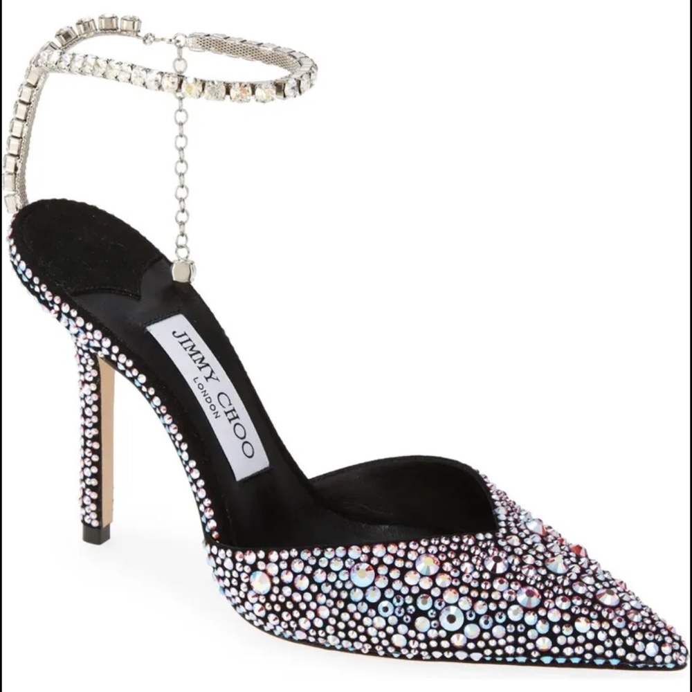 JIMMY CHOO Saeda Crystal Ankle Strap Pointed Toe Pump, Multicolor Size 6 1/2